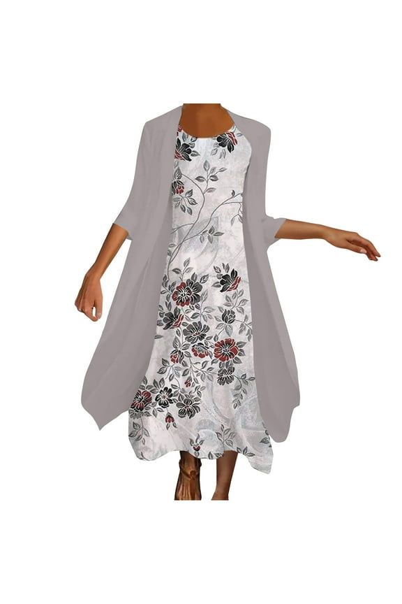 Fashion Women Casual Round Neck Sleeveless Dress Solid Coat Two-Piece Set 2 Piece Set Beach Sundress