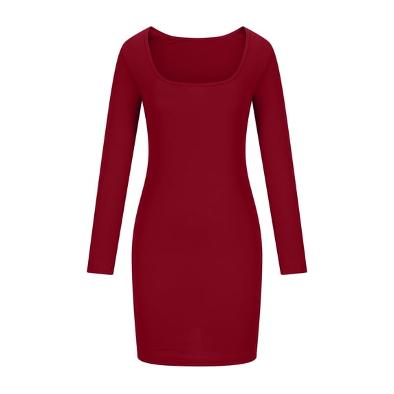 Aofany Fashionable Women's Long Sleeved Low Square Neck Slim Elastic A-line Knit Dress
