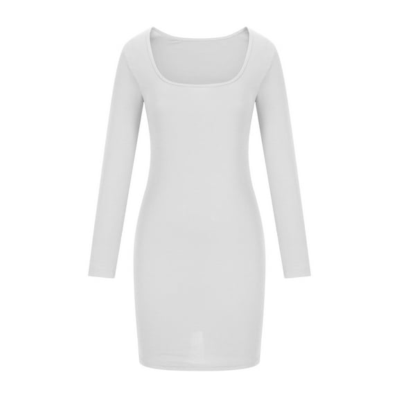 Aofany Fashionable Women's Long Sleeved Low Square Neck Slim Elastic A-line Knit Dress
