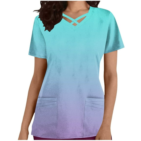 Aofany Flash Picks! Womens Nursing Scrub Tops Working Uniform Short Sleeve V Neck Workwear Blouse T-shirt with Pockets