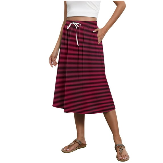 Aofany Flowy Skirts for Women High Waiste Skirt Midi Length Casual Tiered Skirts with Pockets