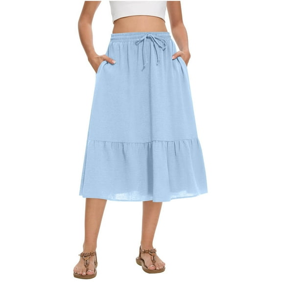 Aofany Flowy Skirts for Women High Waiste Skirt Midi Length Casual Tiered Skirts with Pockets