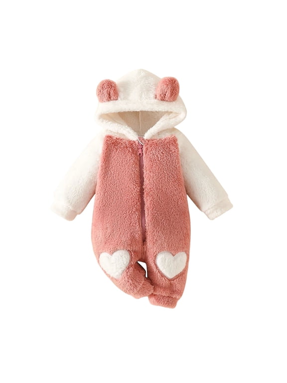 Girl Baby Plush Coveralls Colorblock Zip-Up Fleece Long Sleeve Romper Winter Warm Heart Patch Hooded Jumpsuits with Bear Ears 0-18M