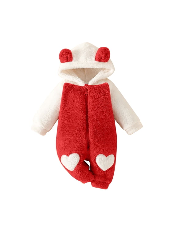 Girl Baby Plush Coveralls Colorblock Zip-Up Fleece Long Sleeve Romper Winter Warm Heart Patch Hooded Jumpsuits with Bear Ears 0-18M