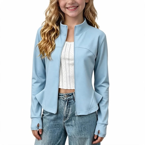 Aofany Girls' Fall Winter Solid Jackets Ruffle Hem Long Sleeve Athletic Jacket Stand Collar Zip Yoga Coats 3-15Years