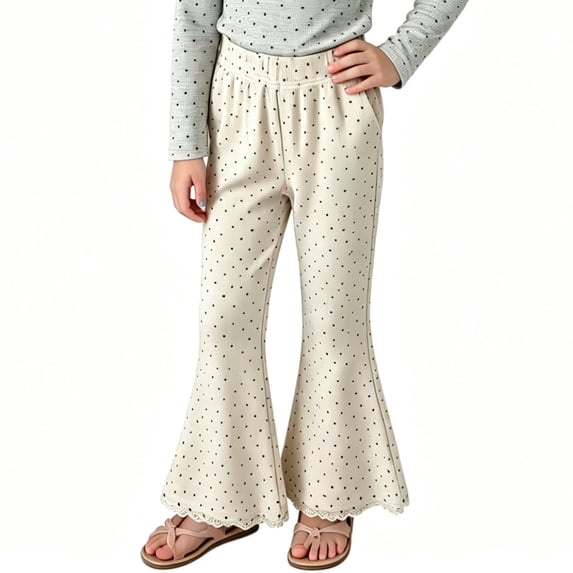 Aofany Girls Flare Leg Pants Stretch High Waisted Bell Bottoms Full Length Pants Lightweight Cute Dot Printed Pants for Little Girls, 1-10 Years