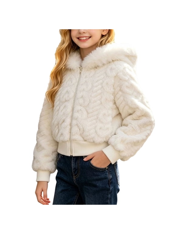Girls Heart Textured Hooded Jacket Zip-Up Plush Winter Short Coats, Warm Fuzzy Long Sleeve Outerwear 7-15Y
