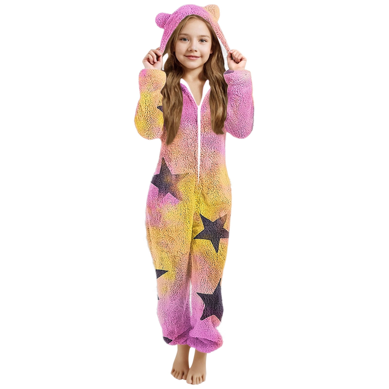 Aofany Girls Onesies Pajamas Fleece Zip Up Jumpsuits Fuzzy Sherpa One Piece Loungewear Sleepwear Kids Hooded Rompers Costume Winter Clothes for 5-15 Years