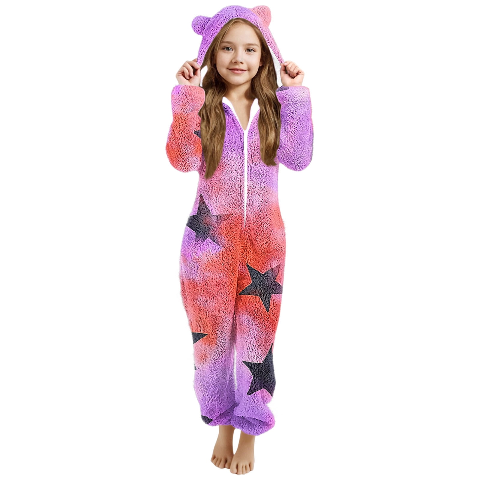 Aofany Girls Onesies Pajamas Fleece Zip Up Jumpsuits Fuzzy Sherpa One Piece Loungewear Sleepwear Kids Hooded Rompers Costume Winter Clothes for 5-15 Years