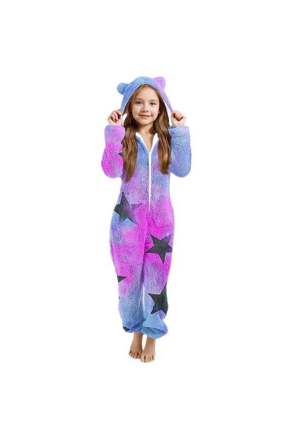 Girls Onesies Pajamas Fleece Zip Up Jumpsuits Fuzzy Sherpa One Piece Loungewear Sleepwear Kids Hooded Rompers Costume Winter Clothes for 5-15 Years