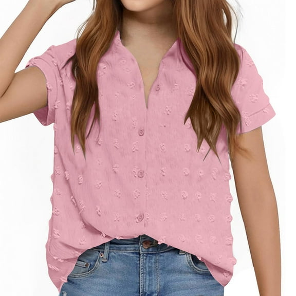 Aofany Girls Solid Color Shirt Kids Button Up Short Sleeve Lapel Collar Tops 3-14 Years Toddler Girls Loose Fit Shirt