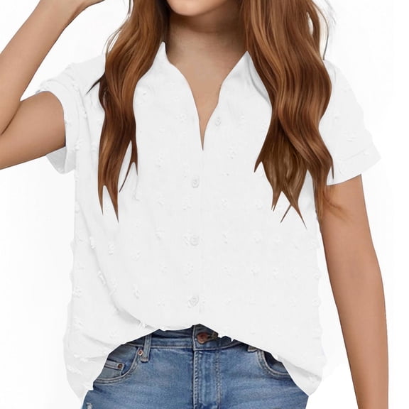 Aofany Girls Solid Color Shirt Kids Button Up Short Sleeve Lapel Collar Tops 3-14 Years Toddler Girls Loose Fit Shirt