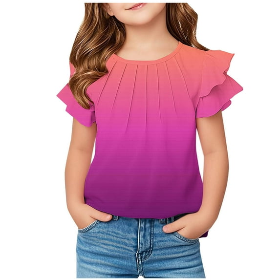 Aofany Girls Summer Short Sleeve Tees 2025 Trendy Gradient Printed Crewneck Pleated Ruffle Short Sleeve Shirts Toddler Girls Casual Clothes, 5-13 Years