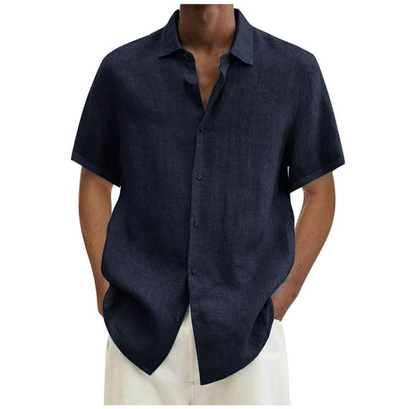 Aofany Hawaiian Shirt For Men Male Summer Cotton Linen Solid Casual Mens Short Sleeve Button Down Shirts