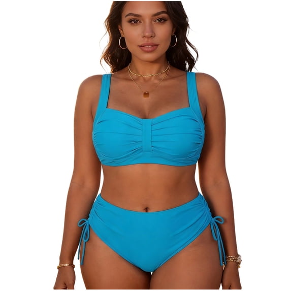 Aofany High Waisted Bikini Sets for Womens V-Neck Wide Straps Bathing Suit Plus Size Ruched 2 Piece Swimsuit