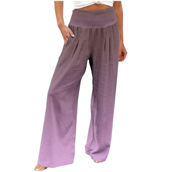 Aofany High Waisted Wide Leg Pants for Women Summer Beach Boho Cotton Linen Palazzo Pants Casual Flowy Trousers with Pockets