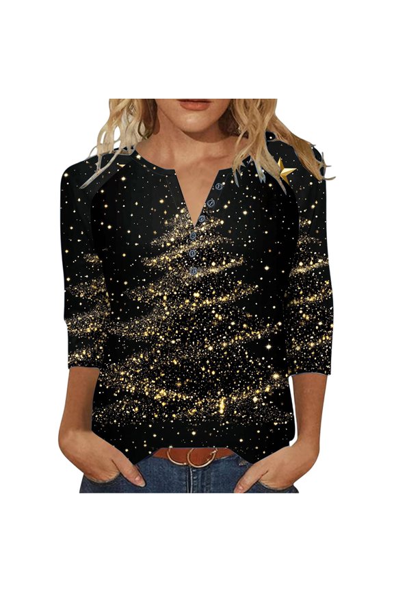 Ladies Christmas Tops 3/4 Sleeve Christmas Tree Print Tops Loose Casual Crewneck T-Shirts Xmas Holiday Cute Graphic Shirts Blouses