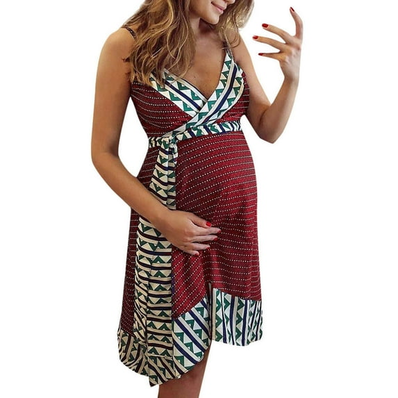 Aofany Ladies Fashion Patchwork Print Sleeveless Suspenders Clothe Maternity Dress Casual Tie Knee-High Dress