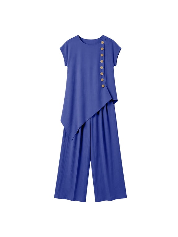 Linen Sets for Women 2 Piece Petite Asymmetrical Slit Button Cap Sleeve Tops and Wide Leg Pants Set Matching Outfit