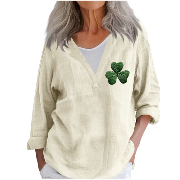 Aofany Long Sleeve Shirts For Women, Spring Patchwork St. Patrick's Day Printed V Neck Casual Loose Tee Pullover Women Tops