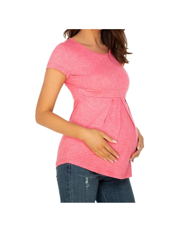 Maternity Clothing Summer Women Maternity T-shirt Round Neck Short Sleeve Ruched Pregnant Tops