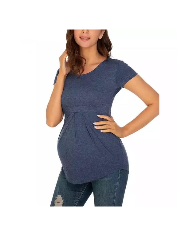 Maternity Clothing Summer Women Maternity T-shirt Round Neck Short Sleeve Ruched Pregnant Tops