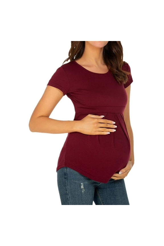 Maternity Clothing Summer Women Maternity T-shirt Round Neck Short Sleeve Ruched Pregnant Tops