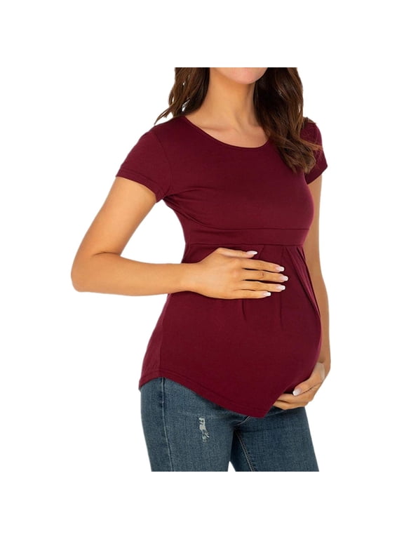 Maternity Clothing Summer Women Maternity T-shirt Round Neck Short Sleeve Ruched Pregnant Tops