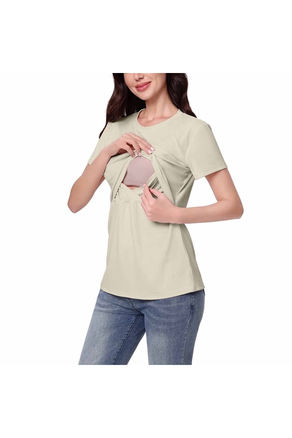 Maternity Nursing Tops For Women Summer Short Sleeve Breastfeeding Pregnant Double Layer Pullover T-Shirts Blouse