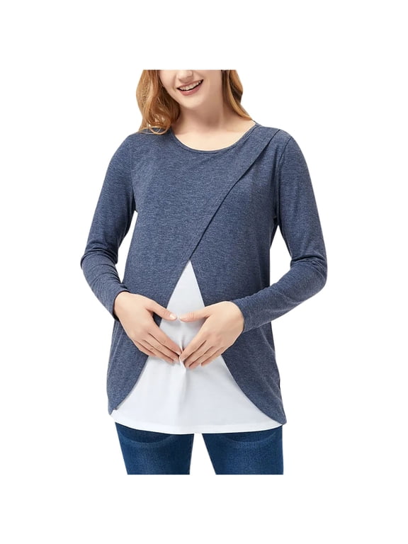Maternity Shirts for Womens Wrap Crew Neck Long Sleeve Pregnancy Blouse Tunic Casual Maternity Nusring Tops Fall Winter Shirts for Leggings Casual Pregnancy Clothes