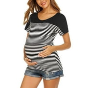 Aofany Maternity Womens Nursing Shirts Stripe Round Neck Short Sleeve Breastfeeding Blouse Tops Clearance