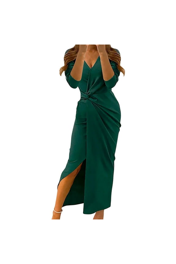 Maxi Dresses for Women,Wedding Guest Dresses Casual V-Neck Long Sleeve Solid Color High Split Sheath Ankle-Length Dress Party Dress Green M