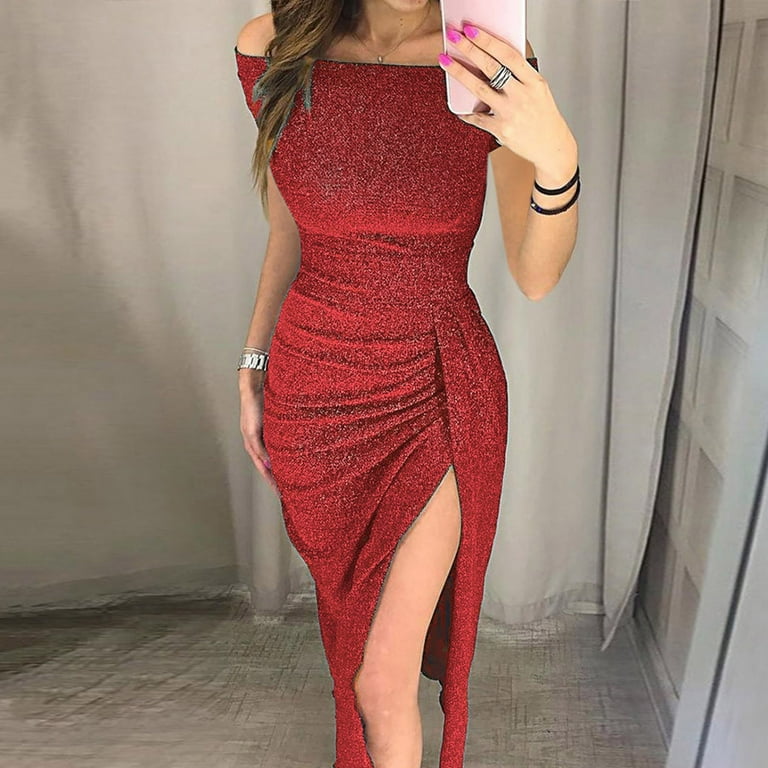 Aofany Maxi Dresses for Women,Wedding Guest Dresses Off Shoulder High Slit  Tight Casual Solid Short Sleeve Dress Party Dress Red M 