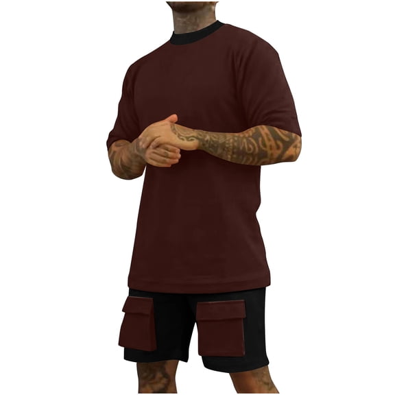 Aofany Men 2 Piece Casual O-Neck Short Sleeve Tee Shirts and Fit Sport Shorts Set Tracksuit Summer Oversized T Shirt & Shorts Set 2 Pockets Two Piece Casual Daily Set