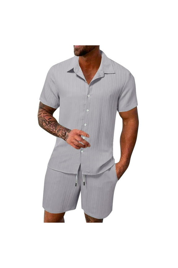 Men Casual 2Pcs Short Set Cotton Linen Loose Shirt Elastic Waist Beach Lounge Shorts Tracksuit Summer Outfits