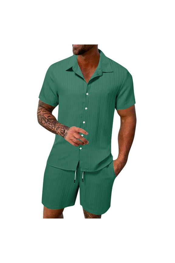 Men Casual 2Pcs Short Set Cotton Linen Loose Shirt Elastic Waist Beach Lounge Shorts Tracksuit Summer Outfits
