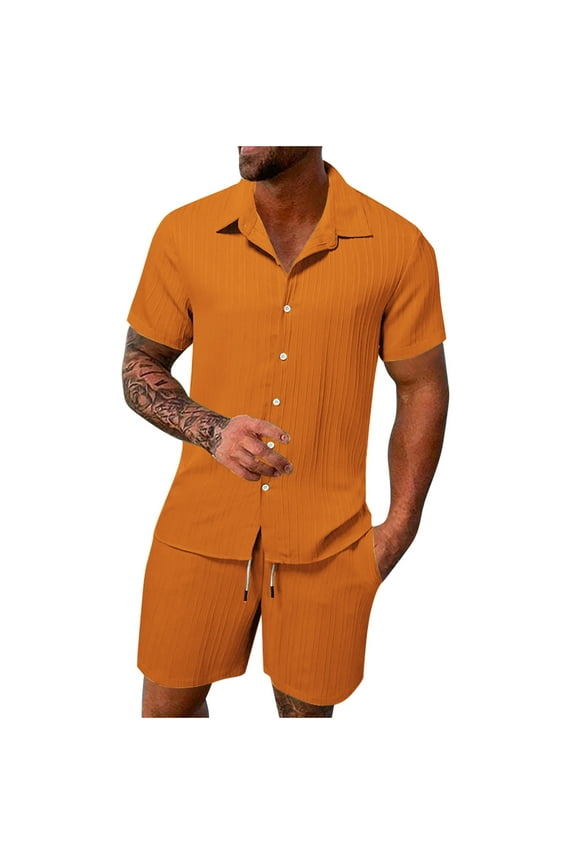 Men Casual 2Pcs Short Set Cotton Linen Loose Shirt Elastic Waist Beach Lounge Shorts Tracksuit Summer Outfits