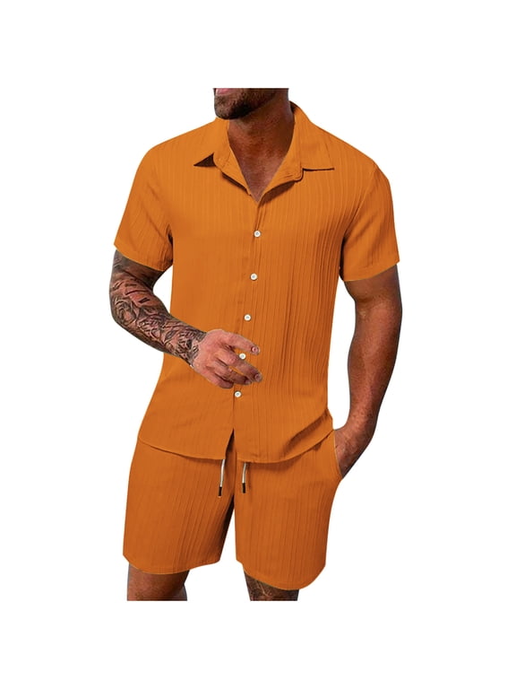 Men Casual 2Pcs Short Set Cotton Linen Loose Shirt Elastic Waist Beach Lounge Shorts Tracksuit Summer Outfits