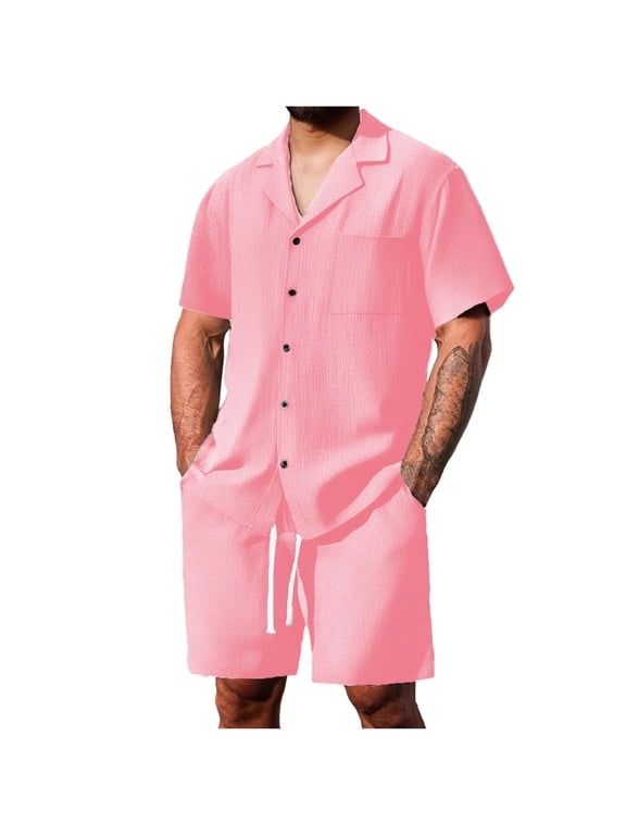 Men Casual 2Pcs Short Set Cotton Linen Loose Shirt Elastic Waist Beach Lounge Shorts Tracksuit Summer Outfits
