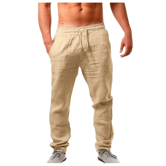 Aofany Men Casual Elastic Waistband Pocket Cotton Linen Trousers Solid Drawstring Pants