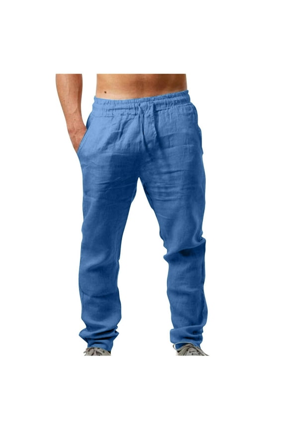 Men Casual Elastic Waistband Pocket Cotton Linen Trousers Solid Drawstring Pants