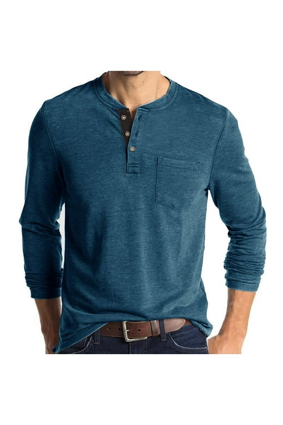 Men Henley Long Sleeve Basic Solid Tee Shirt Pure Color Blouse Top
