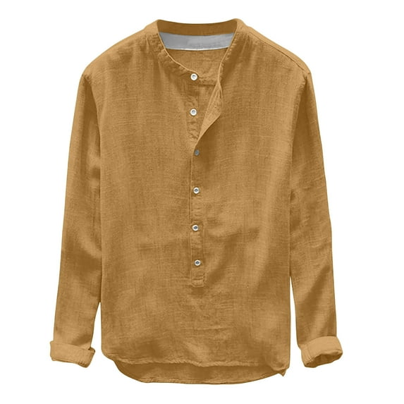 Aofany Men Long Sleeve Tops Casual Solid Button Crew Neck Pullover Blouse Big And Tall Men's Cotton Linen Shirt