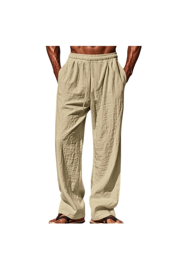 Men Pants Men's Cotton Linen Pants Summer Thin Style Casual Straight Leg Tie String Drawstring Long Pants with Pockets