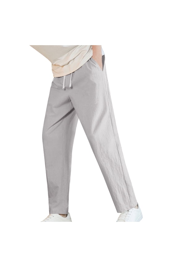 Men Pants Men's Cotton Linen Pants Summer Thin Style Casual Straight Leg Tie String Drawstring Long Pants with Pockets
