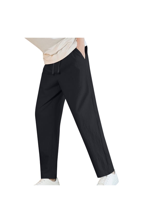 Men Pants Men's Cotton Linen Pants Summer Thin Style Casual Straight Leg Tie String Drawstring Long Pants with Pockets