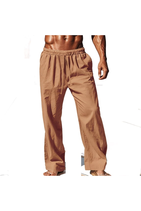 Men Pants Men's Cotton Linen Pants Summer Thin Style Casual Straight Leg Tie String Drawstring Long Pants with Pockets