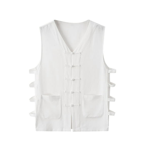 Aofany Men Plus Size Tank Tops Casual Solid Cotton And Linen Undershirt Vintage Buckle Sleeveless Waistcoat