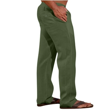 Aofany Men Solid Color Casual Elastic Waistband Pocket Pants Cotton Linen Panel Trousers Pants