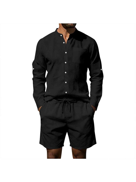 Men's 2-Piece Linen Summer Set, Casual Short Sleeve Shirt and Vacation Shorts, Breathable Beach Outfit for Tropical Holiday and Travel